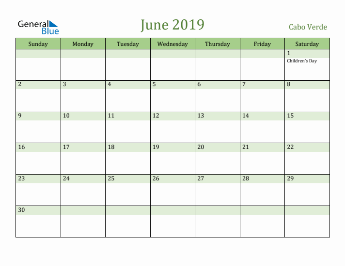 June 2019 Calendar with Cabo Verde Holidays