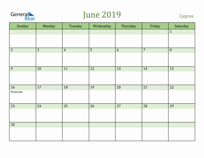 June 2019 Calendar with Cyprus Holidays