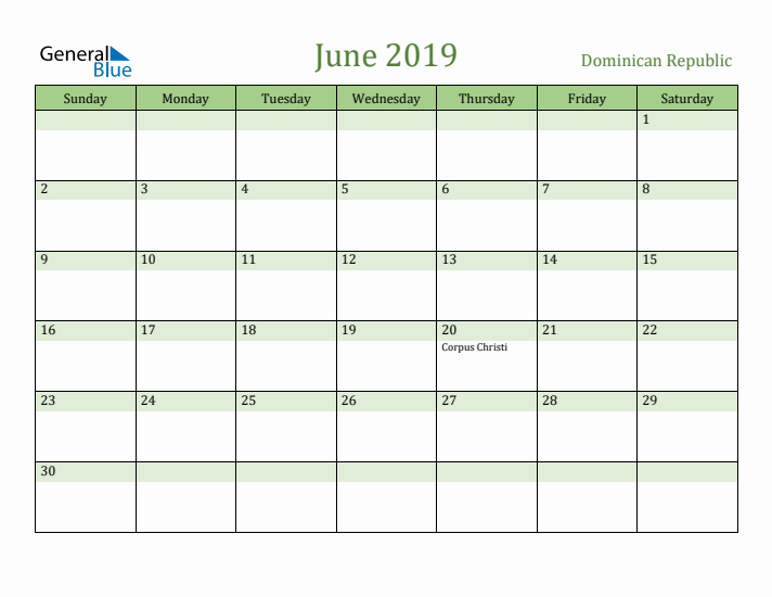 June 2019 Calendar with Dominican Republic Holidays