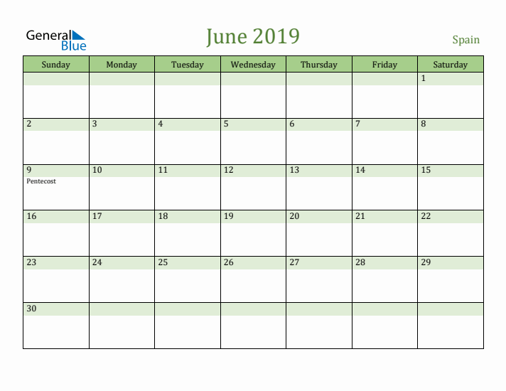June 2019 Calendar with Spain Holidays