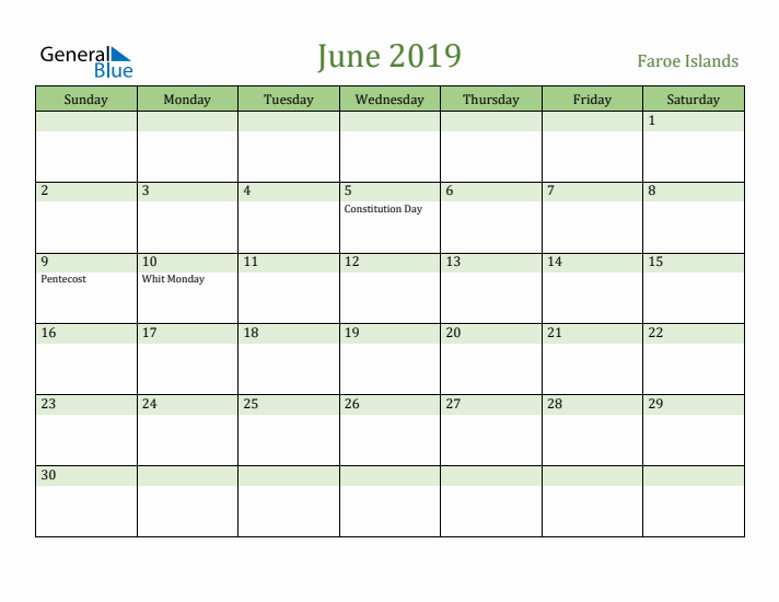 June 2019 Calendar with Faroe Islands Holidays