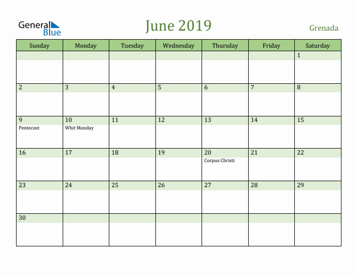 June 2019 Calendar with Grenada Holidays