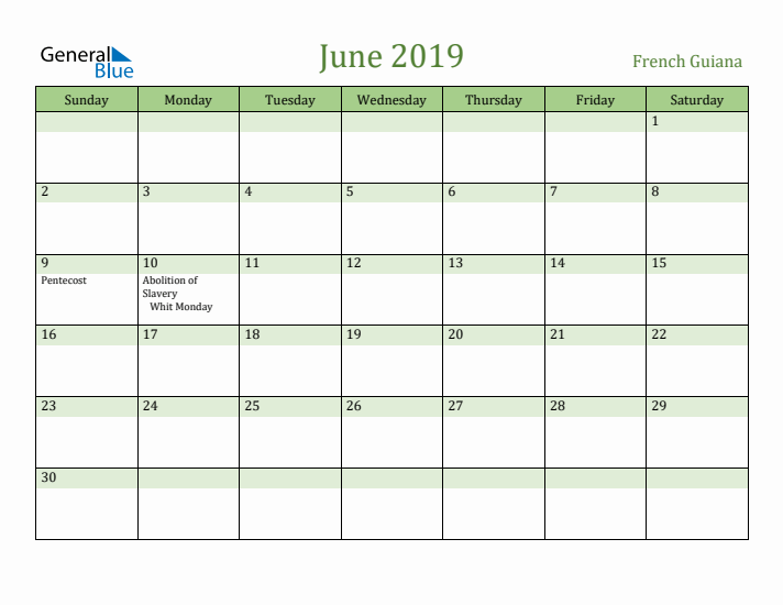 June 2019 Calendar with French Guiana Holidays
