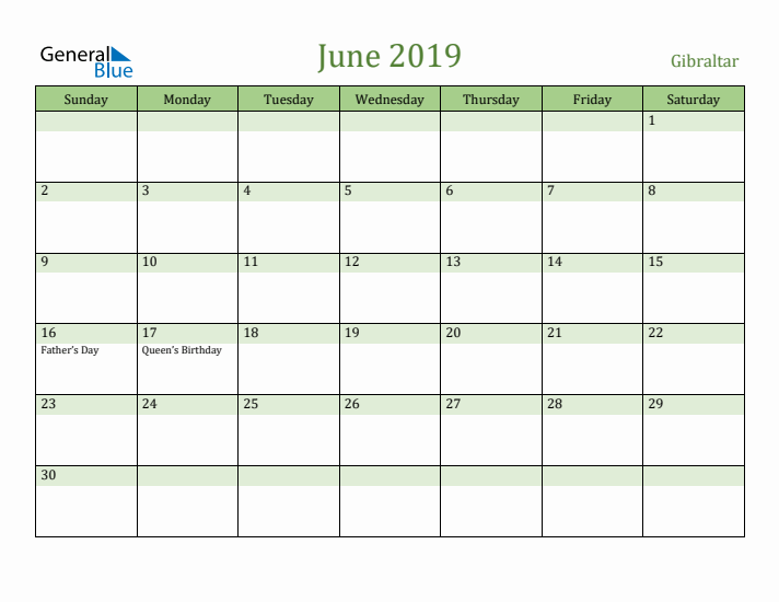 June 2019 Calendar with Gibraltar Holidays