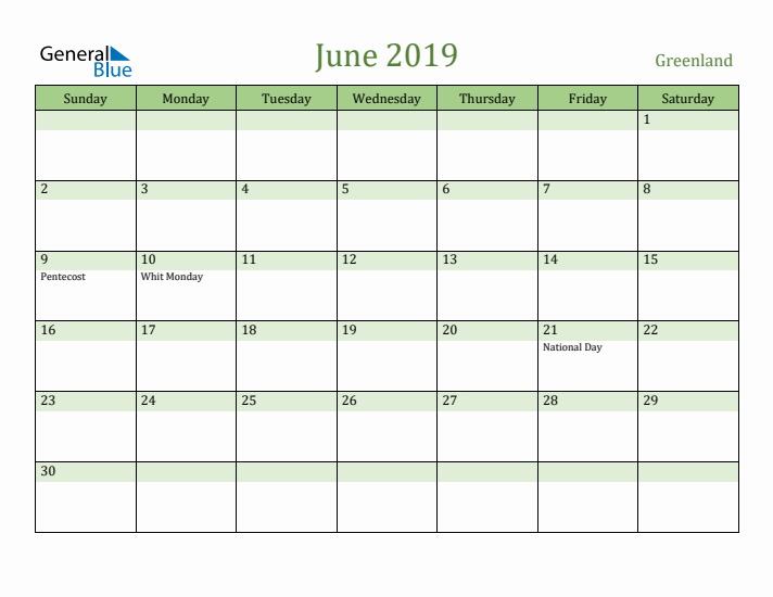 June 2019 Calendar with Greenland Holidays