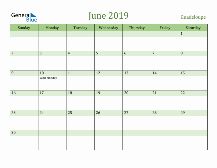 June 2019 Calendar with Guadeloupe Holidays