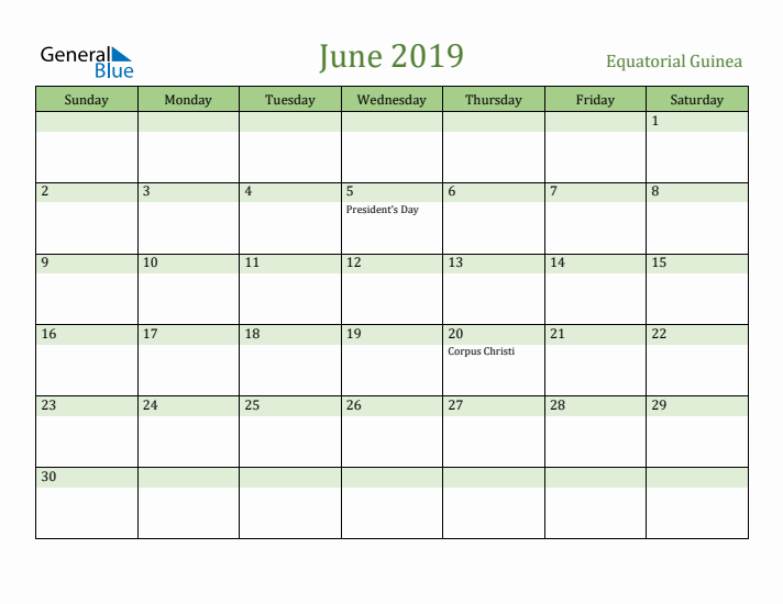 June 2019 Calendar with Equatorial Guinea Holidays