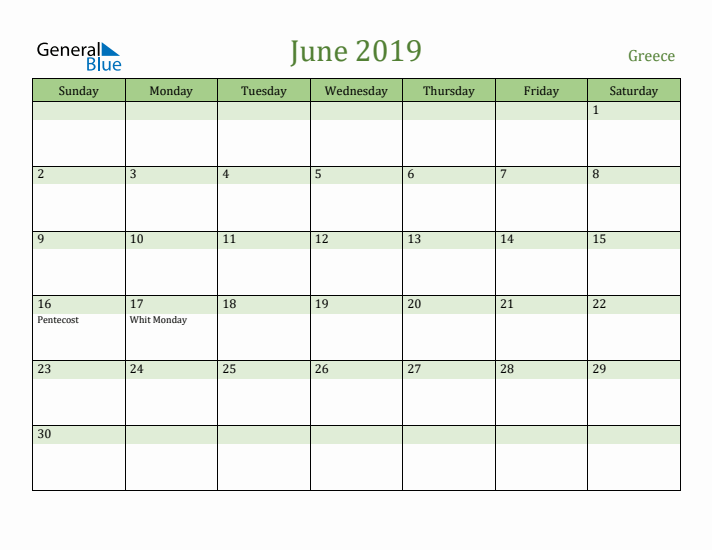 June 2019 Calendar with Greece Holidays