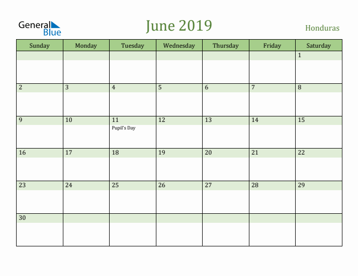 June 2019 Calendar with Honduras Holidays