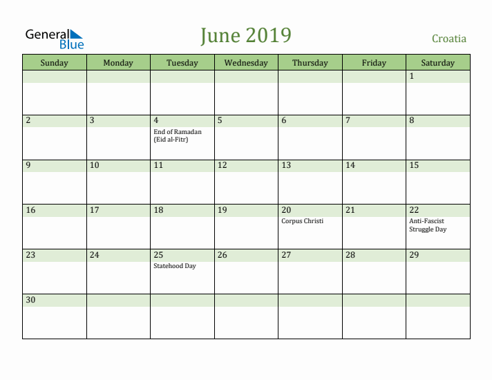 June 2019 Calendar with Croatia Holidays