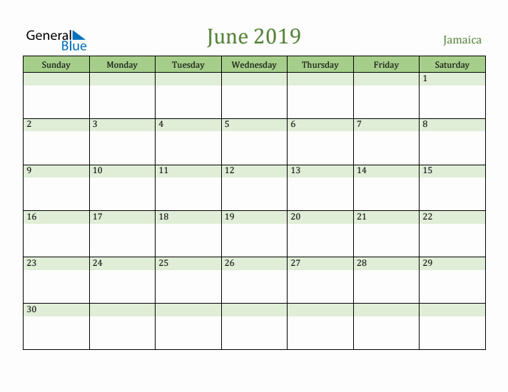 June 2019 Calendar with Jamaica Holidays