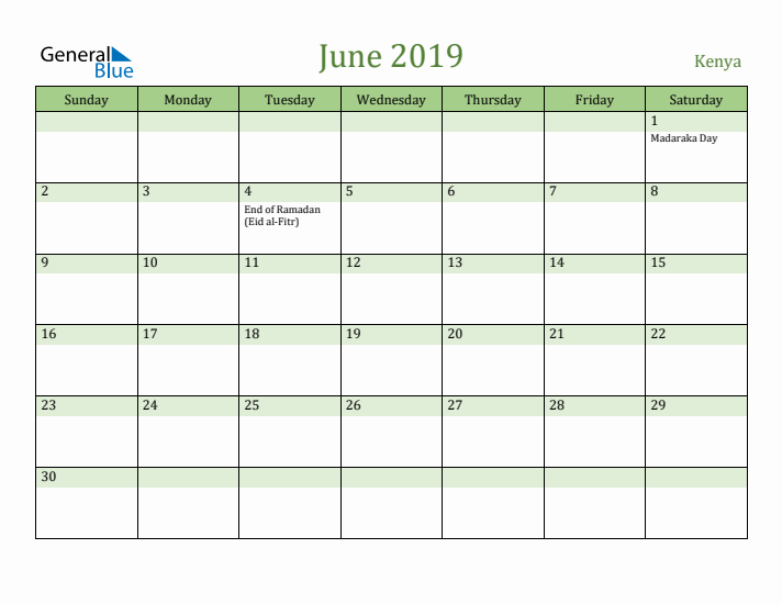 June 2019 Calendar with Kenya Holidays