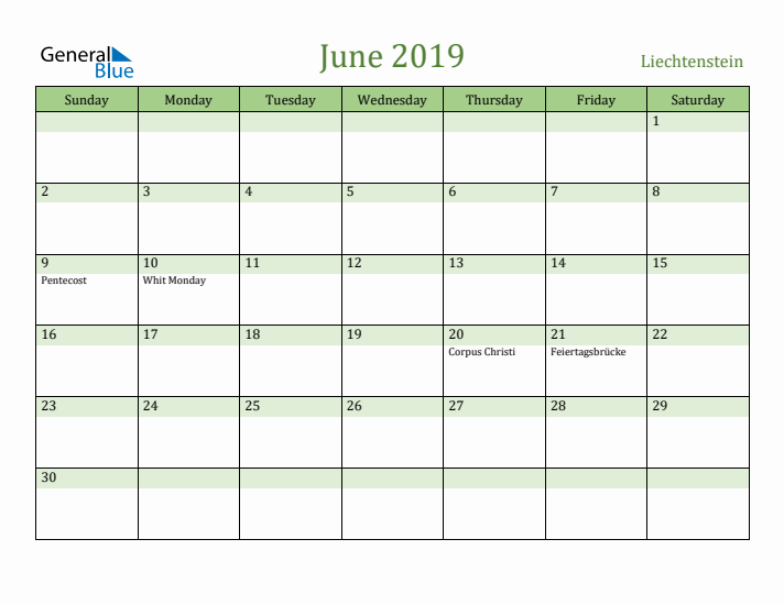 June 2019 Calendar with Liechtenstein Holidays