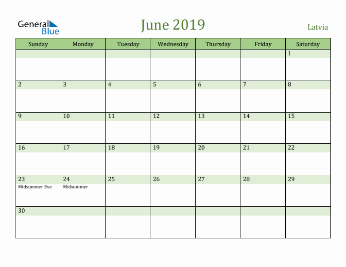 June 2019 Calendar with Latvia Holidays