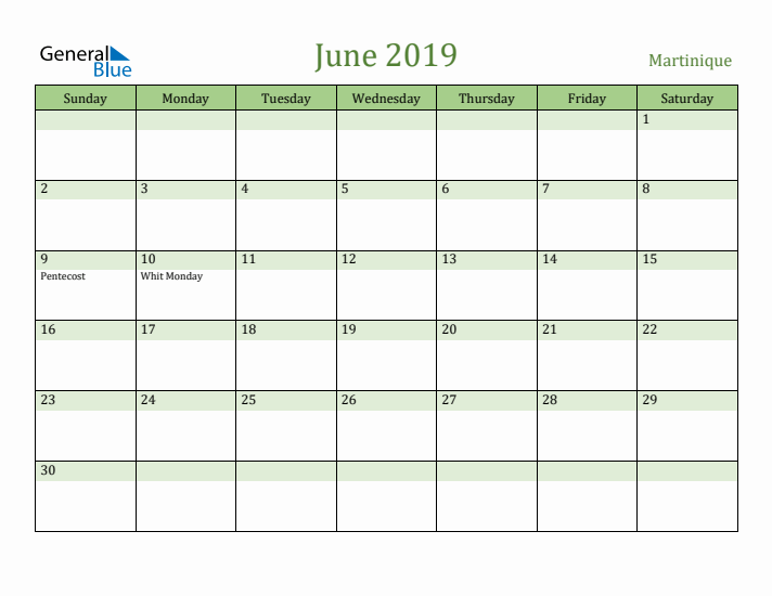 June 2019 Calendar with Martinique Holidays