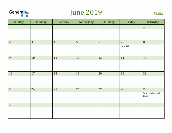 June 2019 Calendar with Malta Holidays