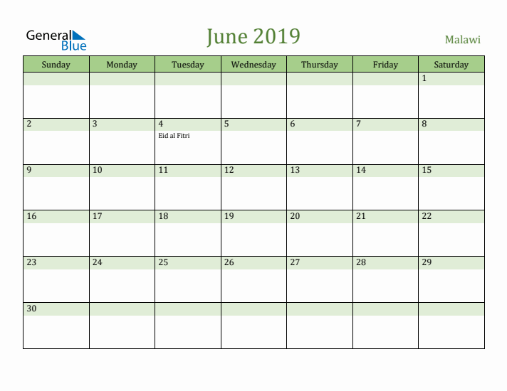 June 2019 Calendar with Malawi Holidays