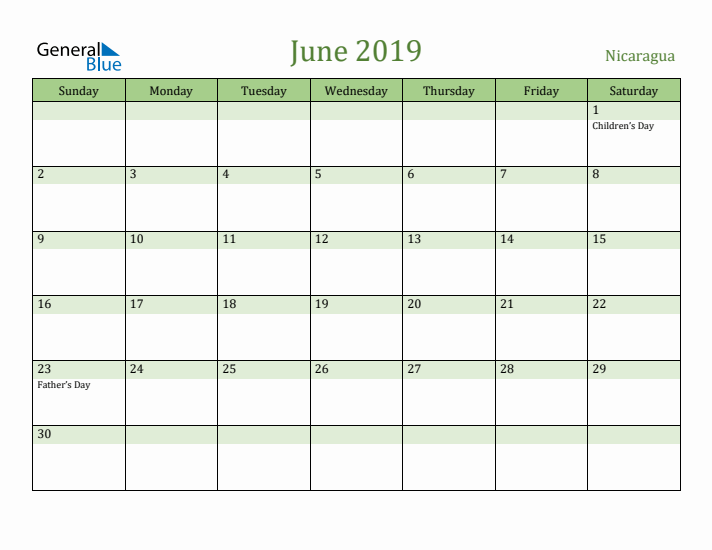 June 2019 Calendar with Nicaragua Holidays