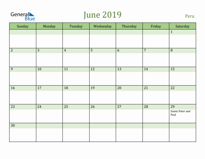 June 2019 Calendar with Peru Holidays