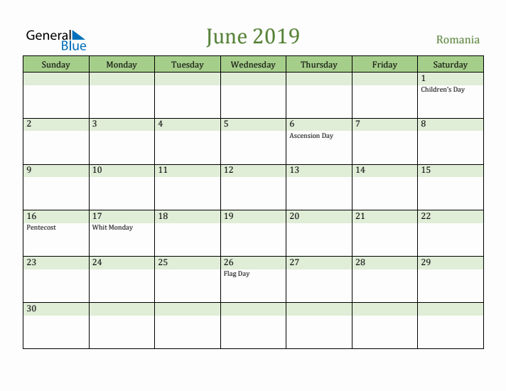 June 2019 Calendar with Romania Holidays