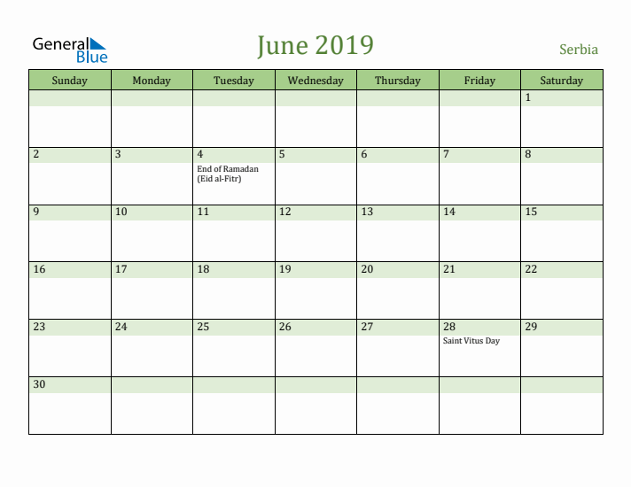 June 2019 Calendar with Serbia Holidays