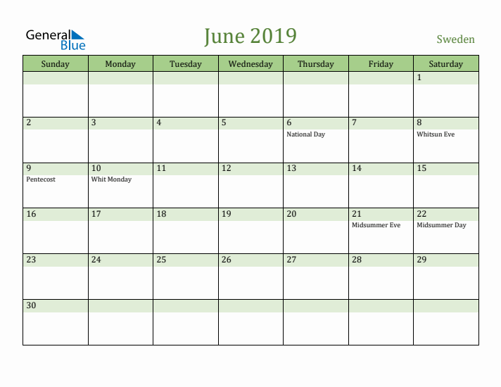 June 2019 Calendar with Sweden Holidays