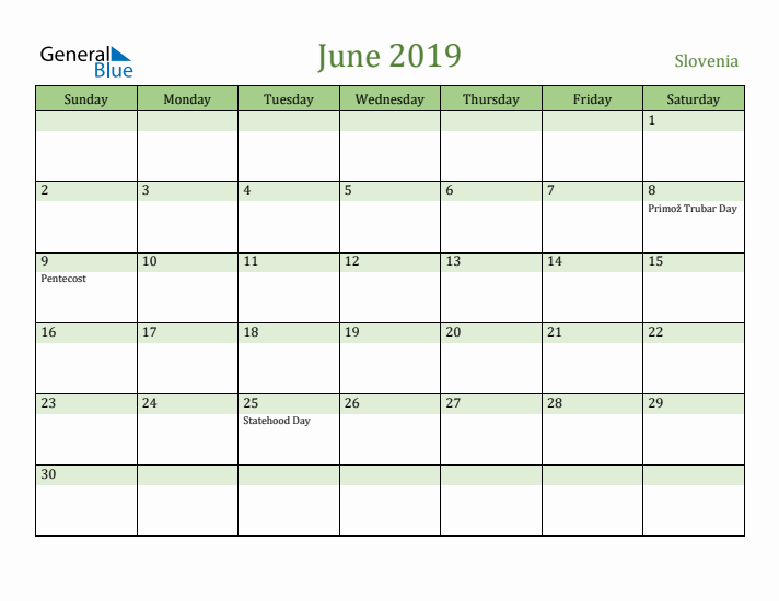 June 2019 Calendar with Slovenia Holidays