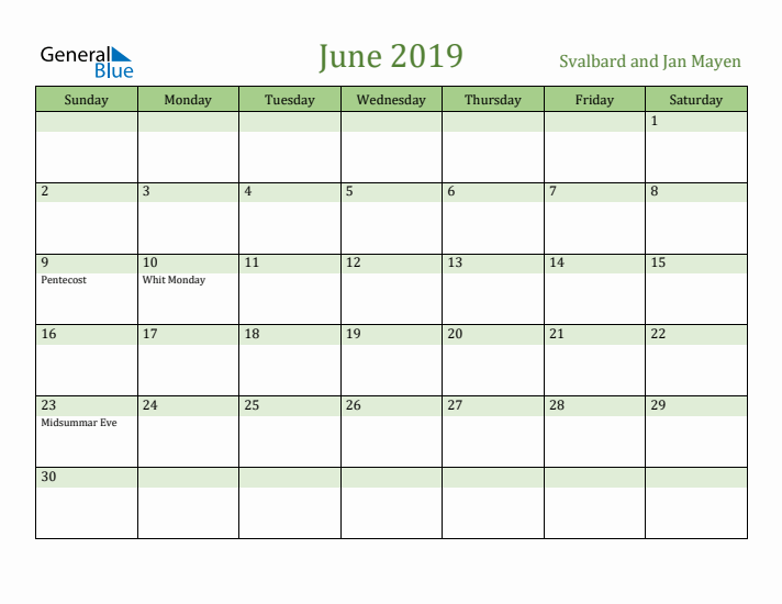 June 2019 Calendar with Svalbard and Jan Mayen Holidays