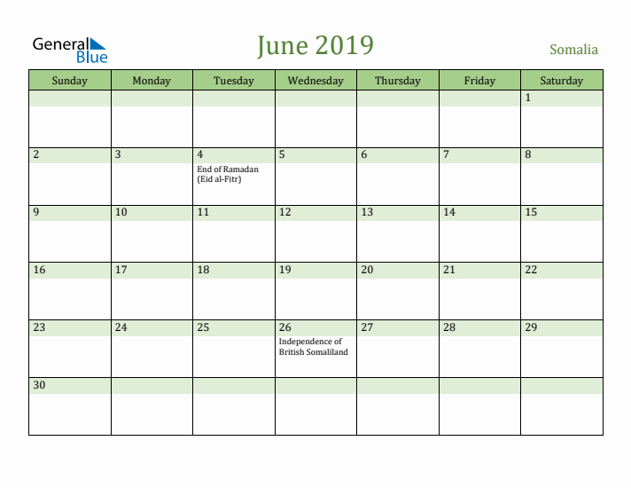 June 2019 Calendar with Somalia Holidays
