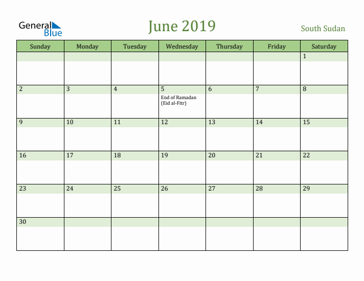 June 2019 Calendar with South Sudan Holidays