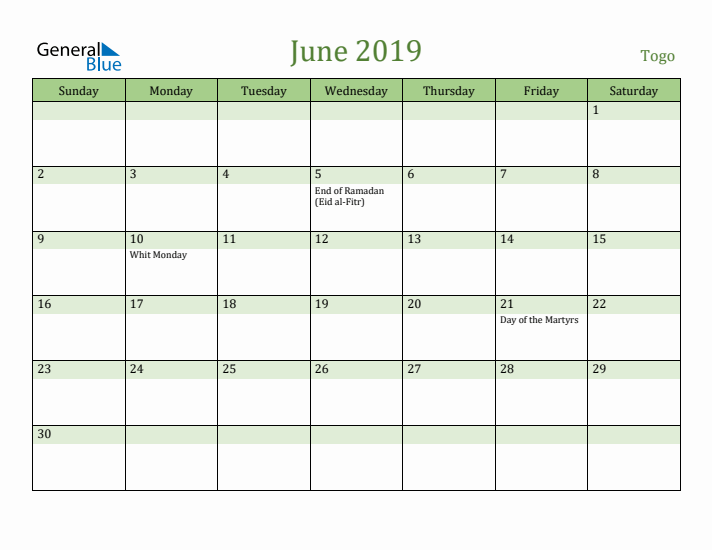 June 2019 Calendar with Togo Holidays