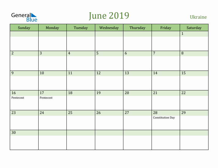 June 2019 Calendar with Ukraine Holidays