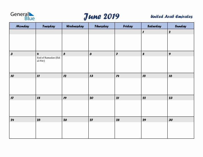 June 2019 Calendar with Holidays in United Arab Emirates