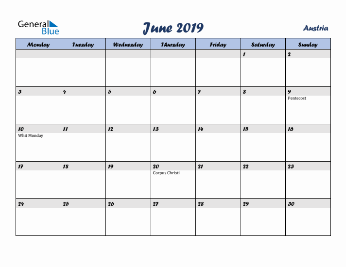 June 2019 Calendar with Holidays in Austria