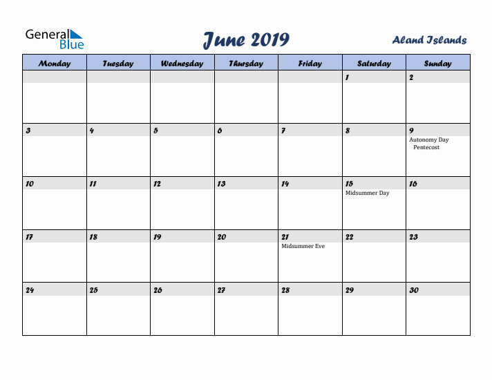 June 2019 Calendar with Holidays in Aland Islands