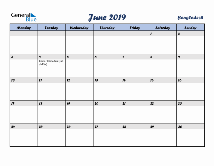 June 2019 Calendar with Holidays in Bangladesh