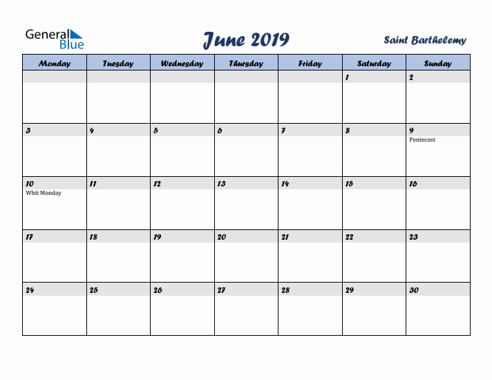 June 2019 Calendar with Holidays in Saint Barthelemy