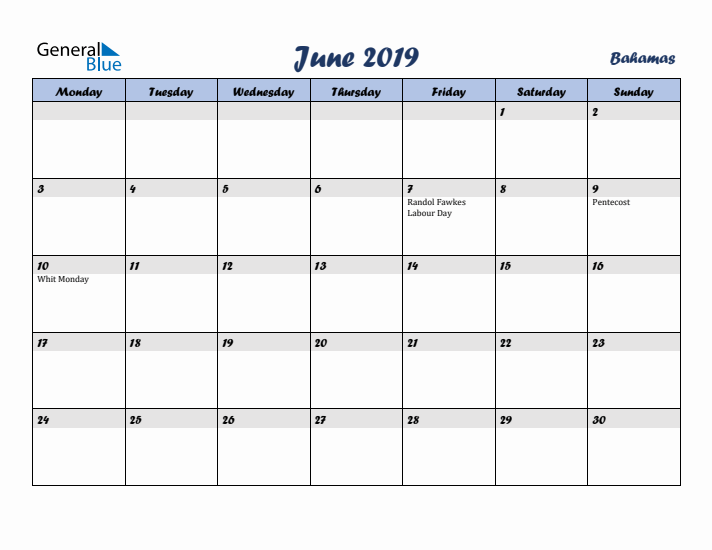 June 2019 Calendar with Holidays in Bahamas
