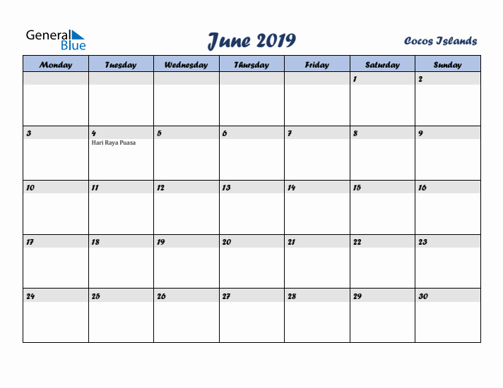 June 2019 Calendar with Holidays in Cocos Islands