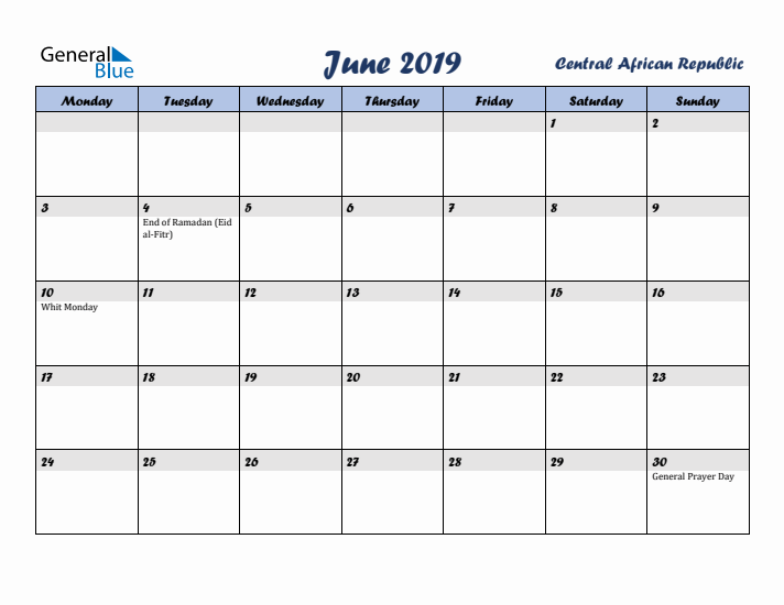 June 2019 Calendar with Holidays in Central African Republic