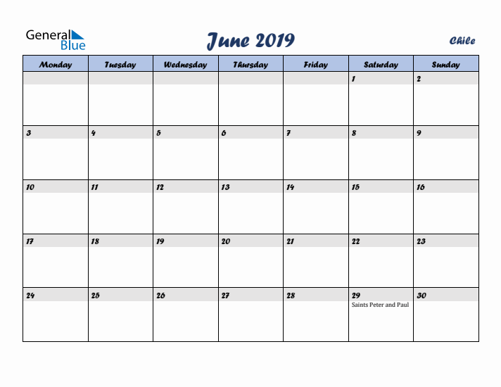 June 2019 Calendar with Holidays in Chile