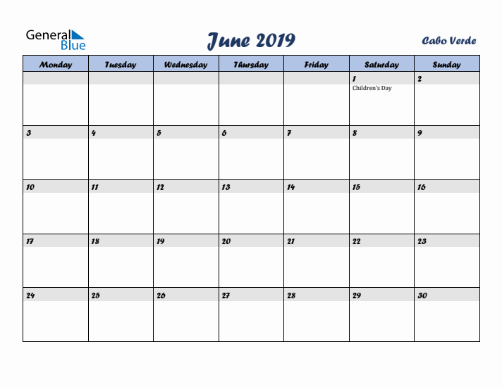 June 2019 Calendar with Holidays in Cabo Verde