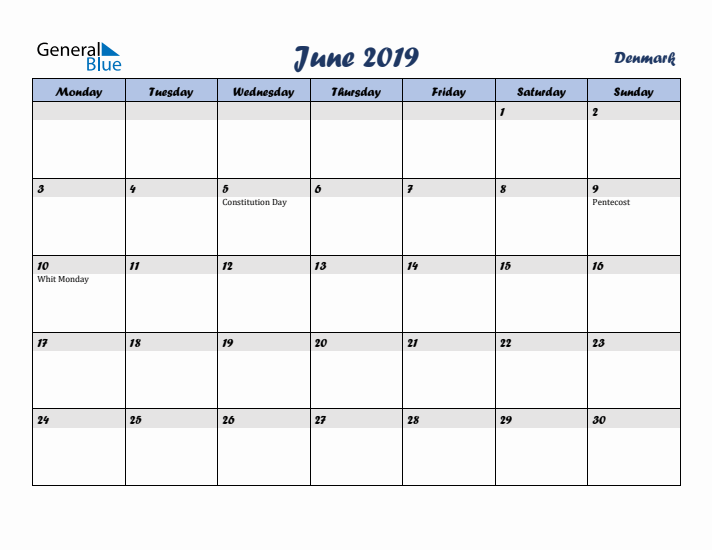 June 2019 Calendar with Holidays in Denmark