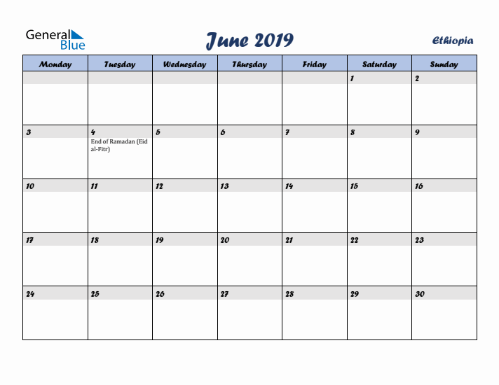 June 2019 Calendar with Holidays in Ethiopia
