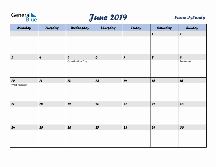 June 2019 Calendar with Holidays in Faroe Islands