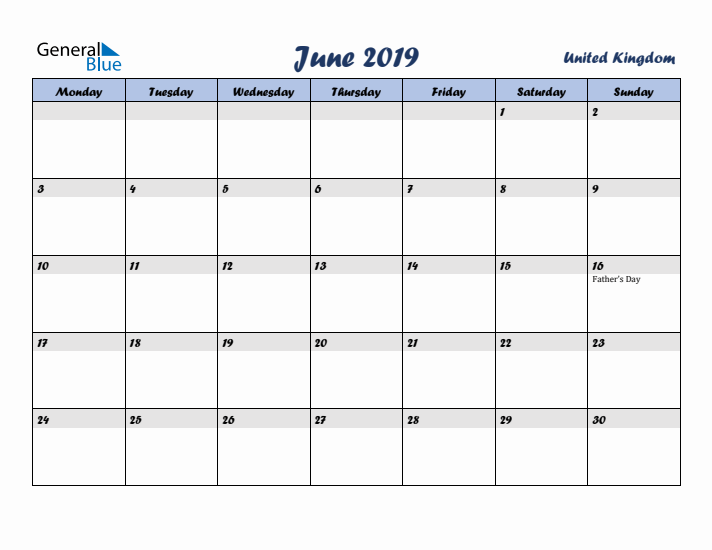June 2019 Calendar with Holidays in United Kingdom