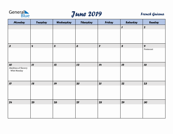 June 2019 Calendar with Holidays in French Guiana