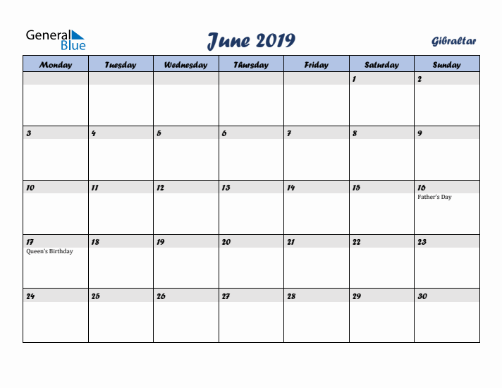 June 2019 Calendar with Holidays in Gibraltar