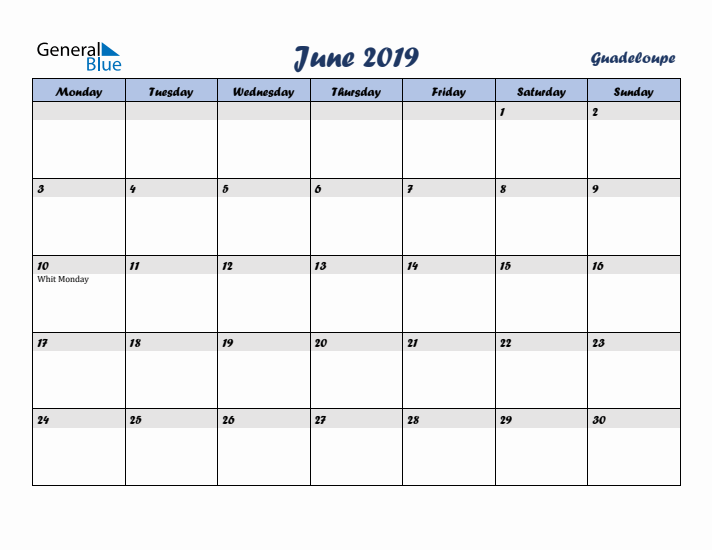 June 2019 Calendar with Holidays in Guadeloupe