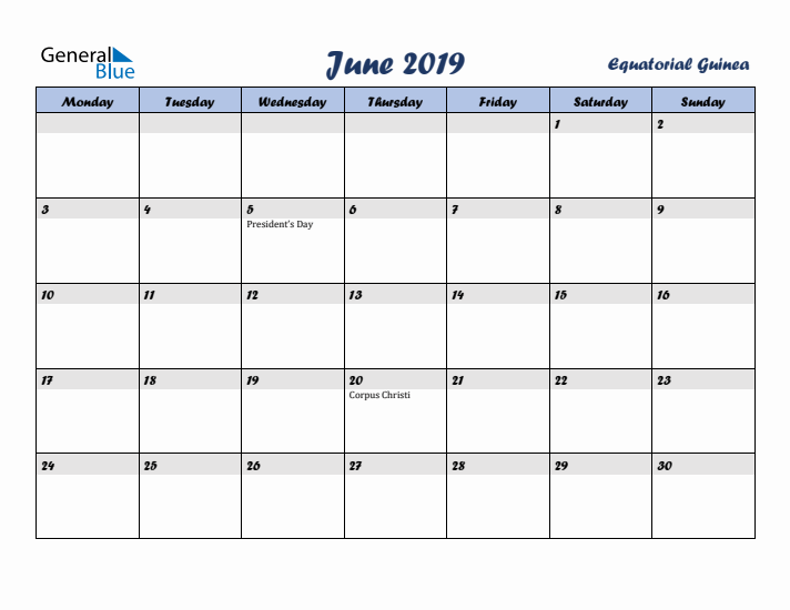 June 2019 Calendar with Holidays in Equatorial Guinea